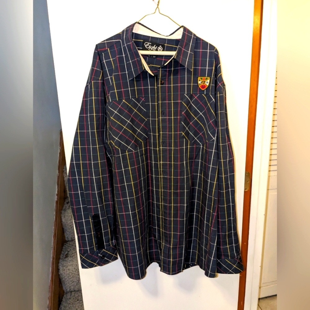 Eight732 Navy Plaid Men's Button Up Shirt Size 4XL